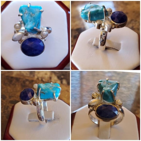 Genuine Blue Mojave Turquoise & Lapis Ring Sz 7.5 - Picture 2 of 7